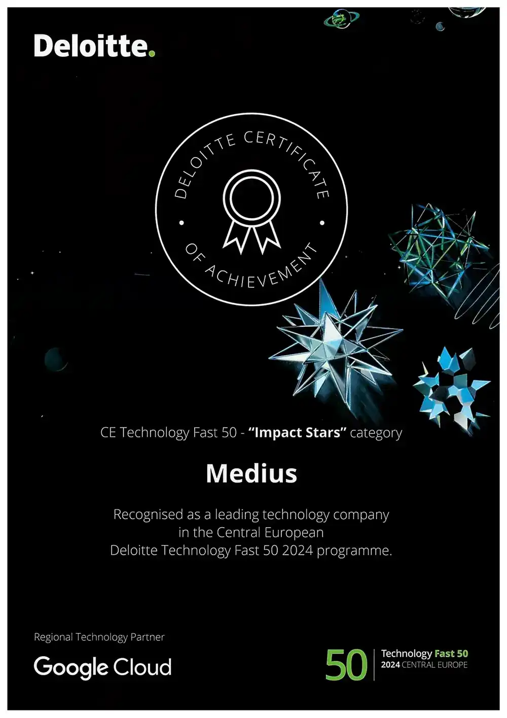 A photo of Deloitte Certificate of Achievement. CE Technology Fast 50 - Impact Stars category issued to Medius.